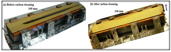 Photograph of Au coated spherical mirror of soft x-ray reflectivity beamline BL-03, Indus-2 taken before (left) and after (right) RF plasma cleaning.